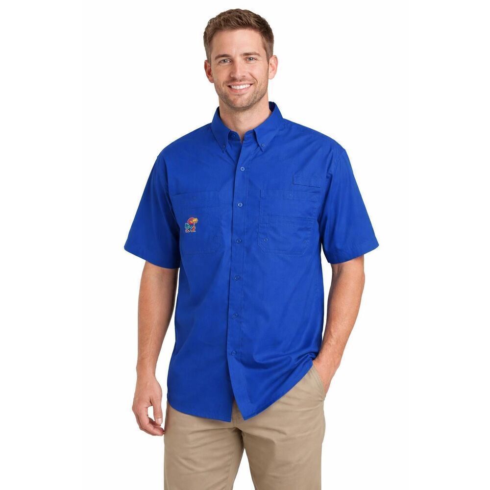 Pro Edge Royal Blue Kansas Jayhawks Angler Fishing Shirt Size Large
